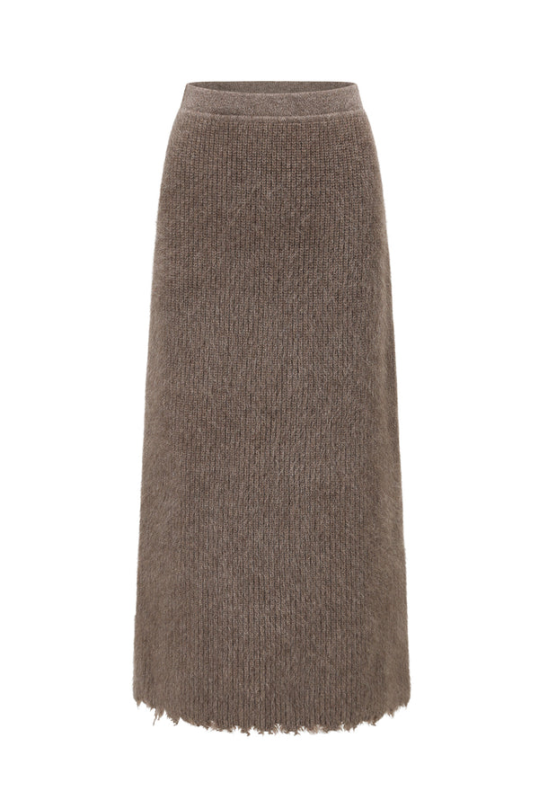 SWAYING 25 Fall/Winter Collection: Fringe-trimmed Yak Wool Maxi Skirt SW-SW25AW3B15C1S2-HZ (Gray-Brown)